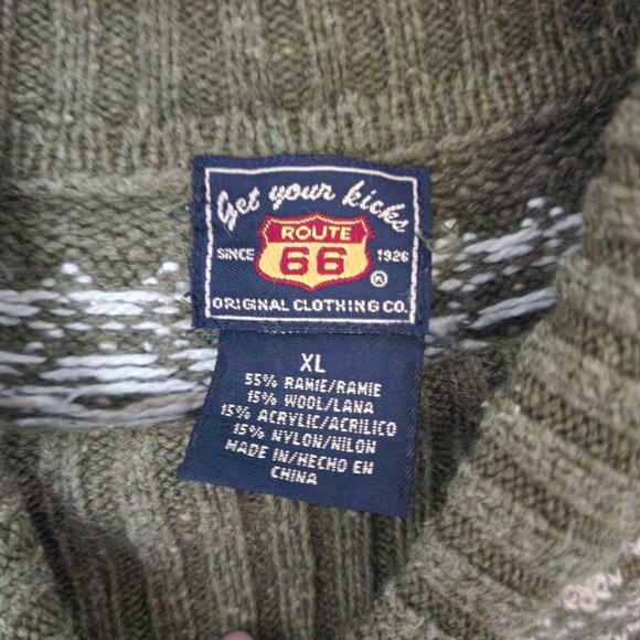 Y2K Fair Isle Fringe Turtleneck Sweater - Olive Green - XL Route 66 - Picture 5 of 6